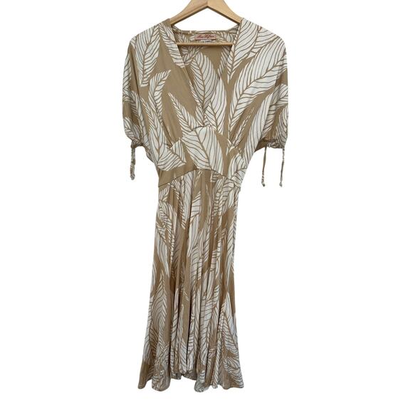 Mara Hoffman 100% Silk Tan Leaf Print Dress Women Small Coastal Boho Artsy Beach - Picture 1 of 16